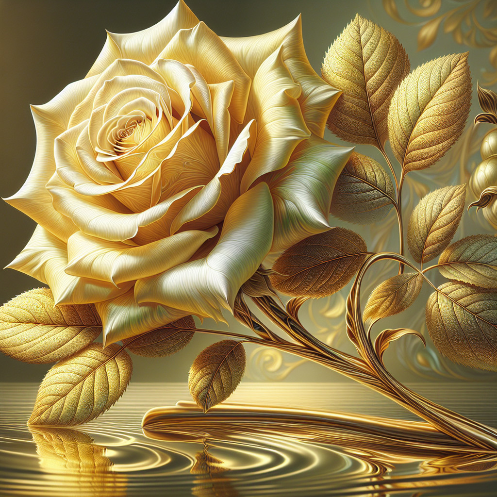 Golden Rose with Intricate Petals and Reflection