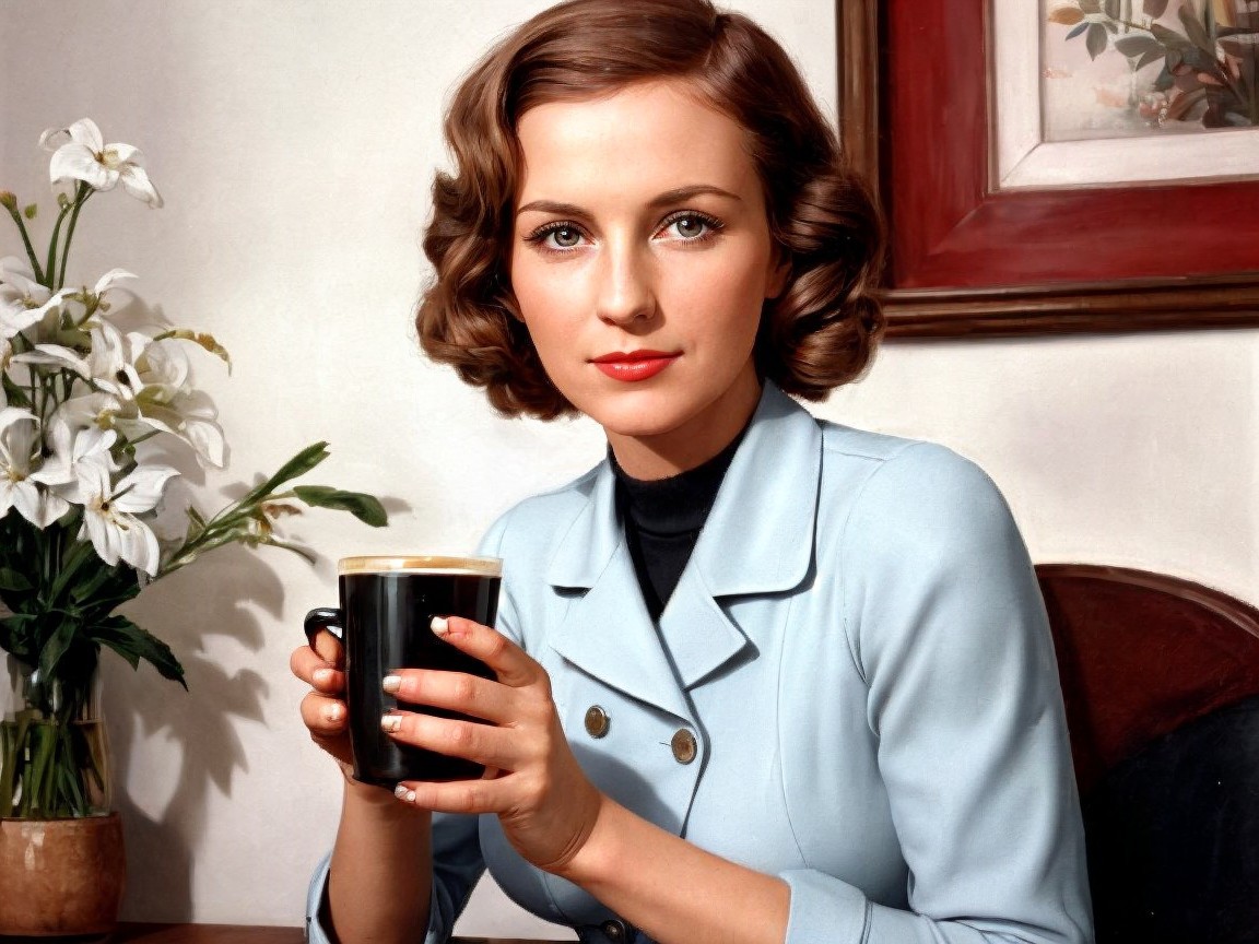 Woman in Vintage Jacket Enjoys Coffee at Elegant Table