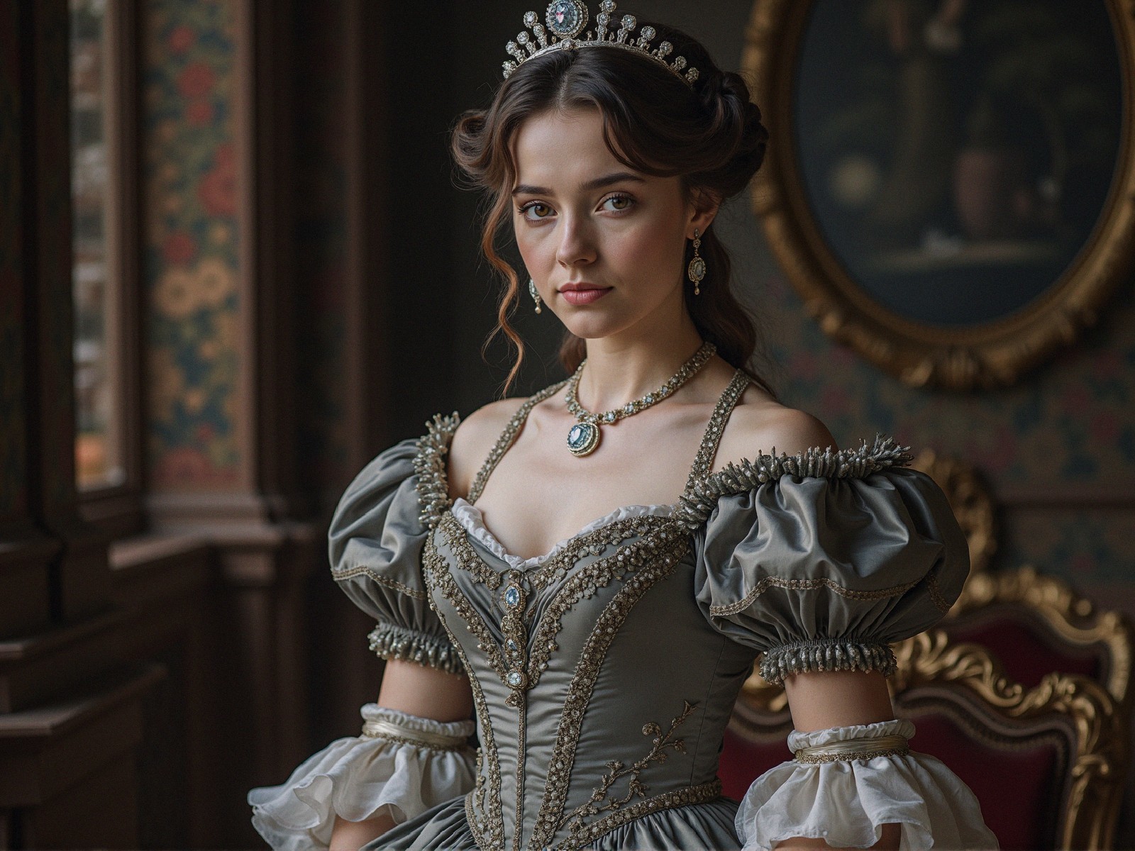 Young Woman in Vintage Gown in Grand Room Setting