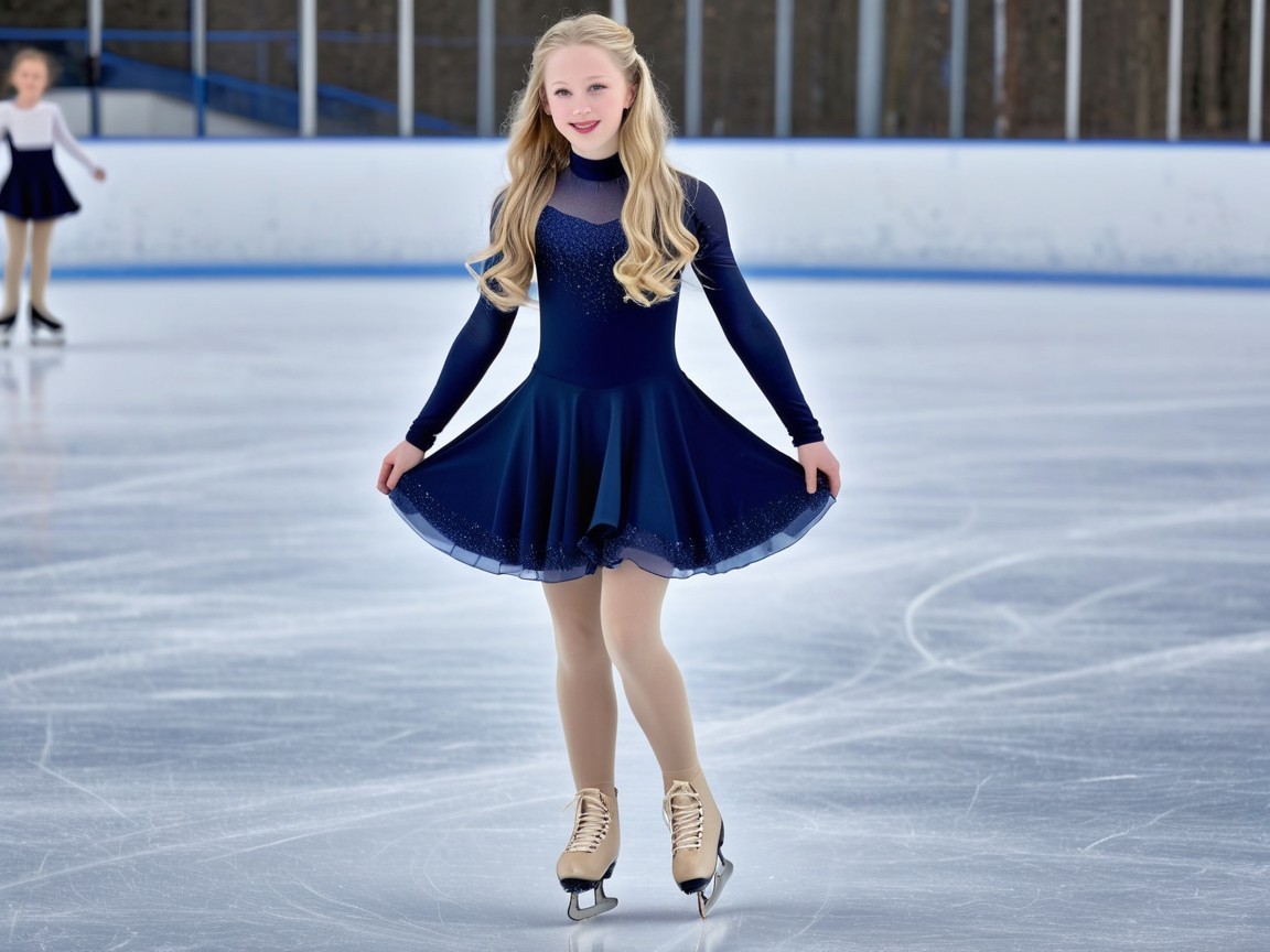 Young Figure Skater in Dark Blue Dress on Ice