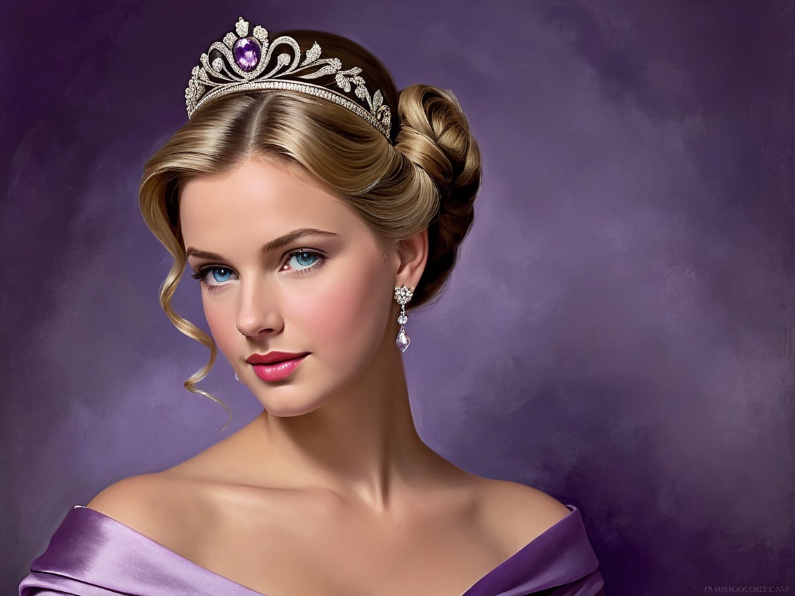 Young Woman in Elegant Purple Gown and Tiara