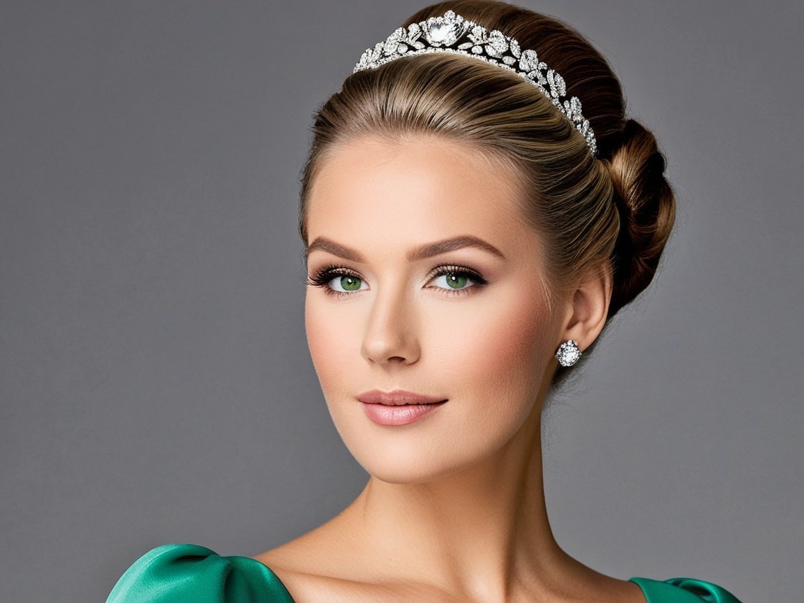 Elegant Young Woman in Green Dress and Tiara
