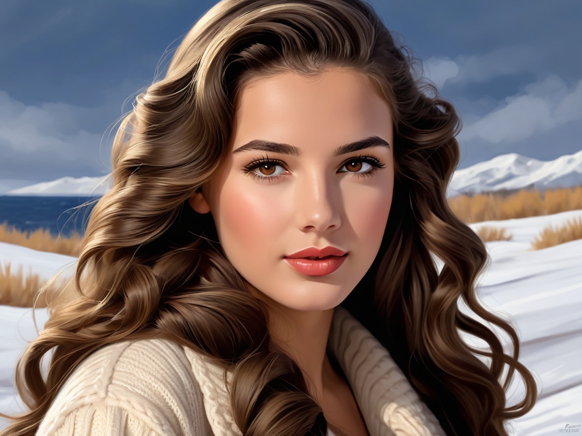 Young woman in cozy sweater in winter landscape