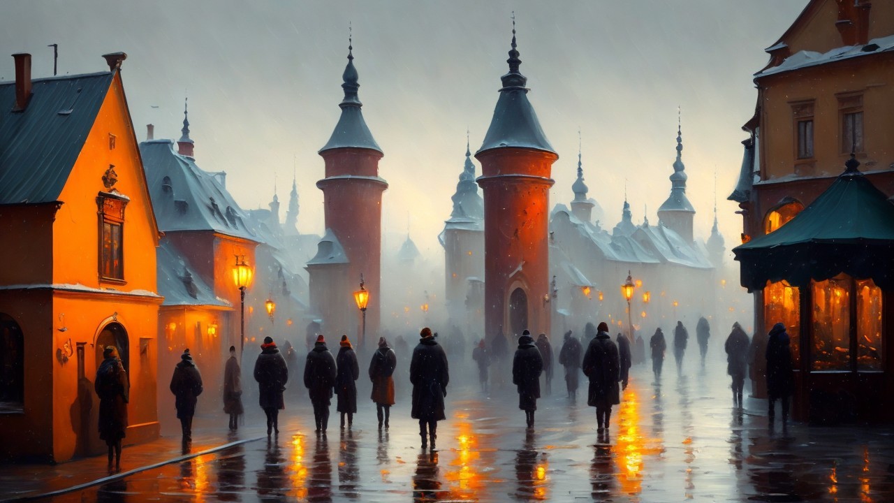 Misty Evening Scene in a Quaint Town with Snow