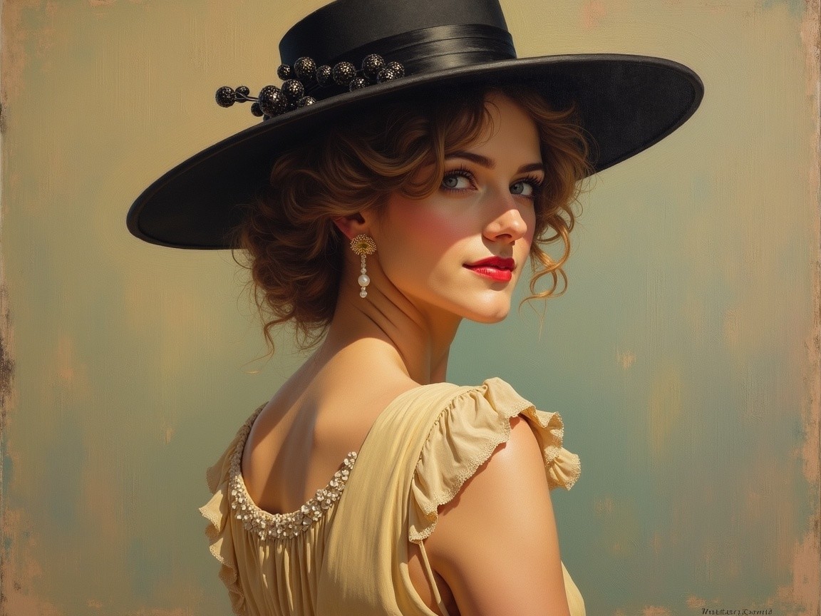 Young woman in pastel yellow dress and black hat