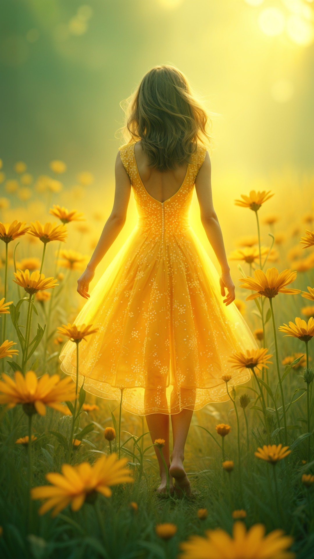 Young girl in a yellow dress in a daisy field