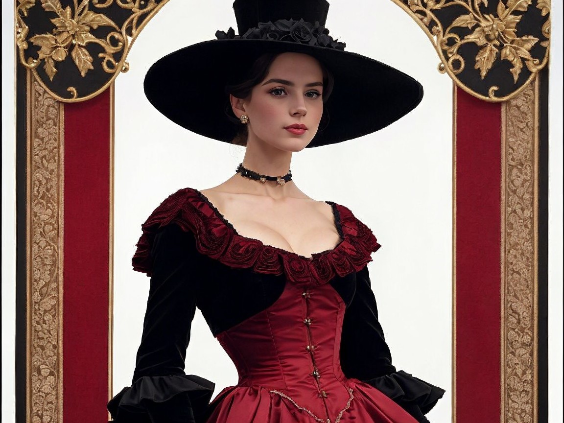 Elegant Woman in Red and Black Gown with Hat