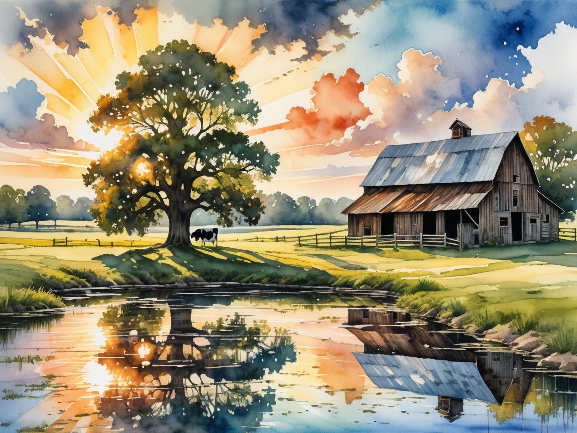 Serene Rural Landscape with Barn and Tranquil Pond