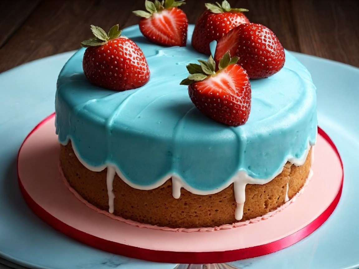 Blue Icing Cake with Strawberries and White Drizzles