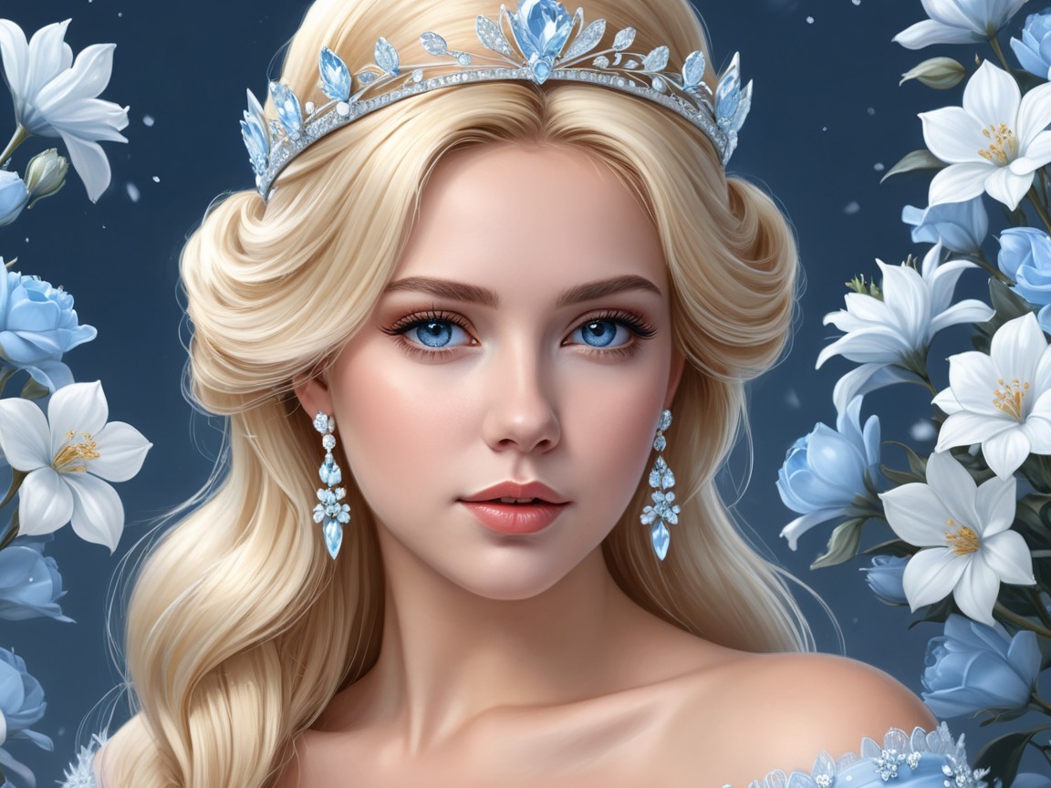 Young Woman in Crown Surrounded by Flowers