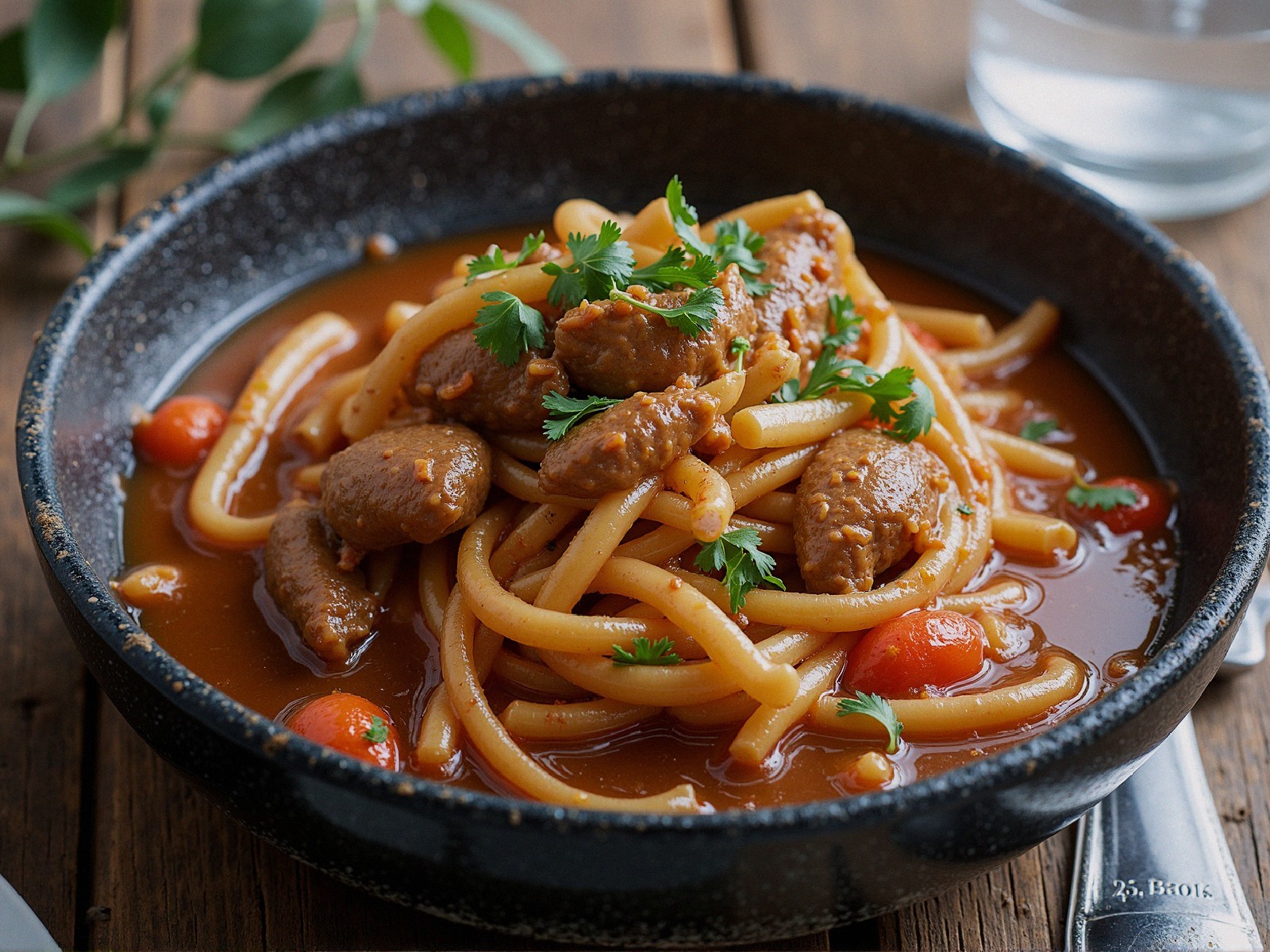 Hearty Pasta Bowl with Meat and Colorful Garnishes