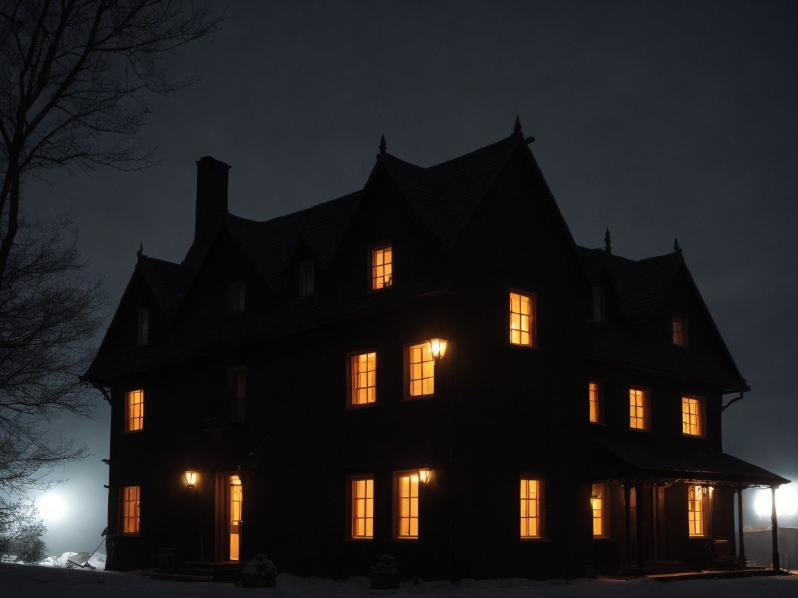 Victorian House at Night with Snow and Warm Light