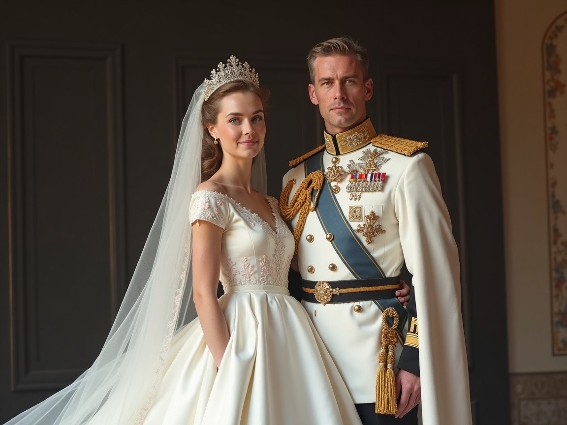 Regal Couple in Exquisite Wedding Attire and Setting