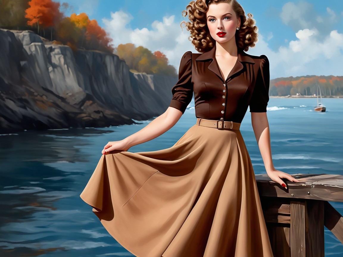 Vintage Scene of Woman by Serene Waterfront Dock