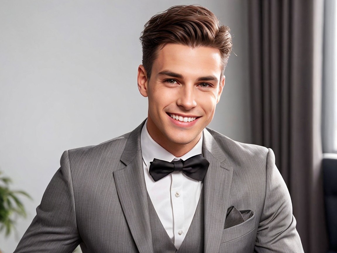 Young man in gray suit and bow tie with greenery backdrop