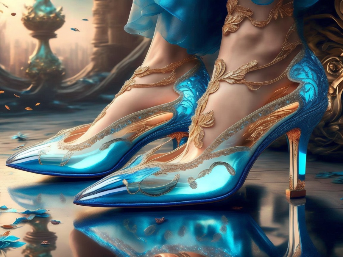 Translucent Blue High-Heeled Shoes with Floral Patterns