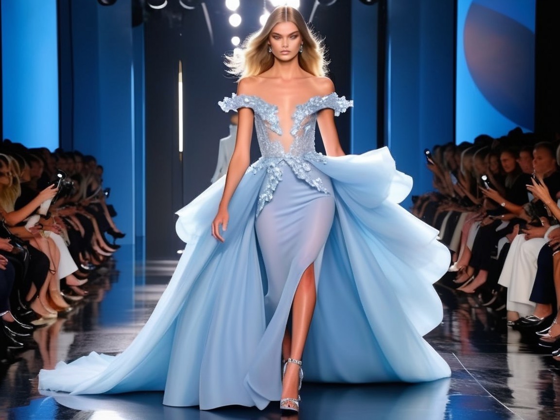 Runway Scene with Sky-Blue Gown and Floral Details