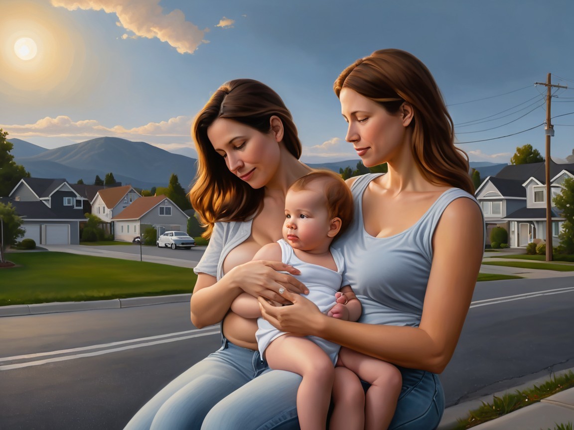 Two Women with Baby in Scenic Suburban Setting