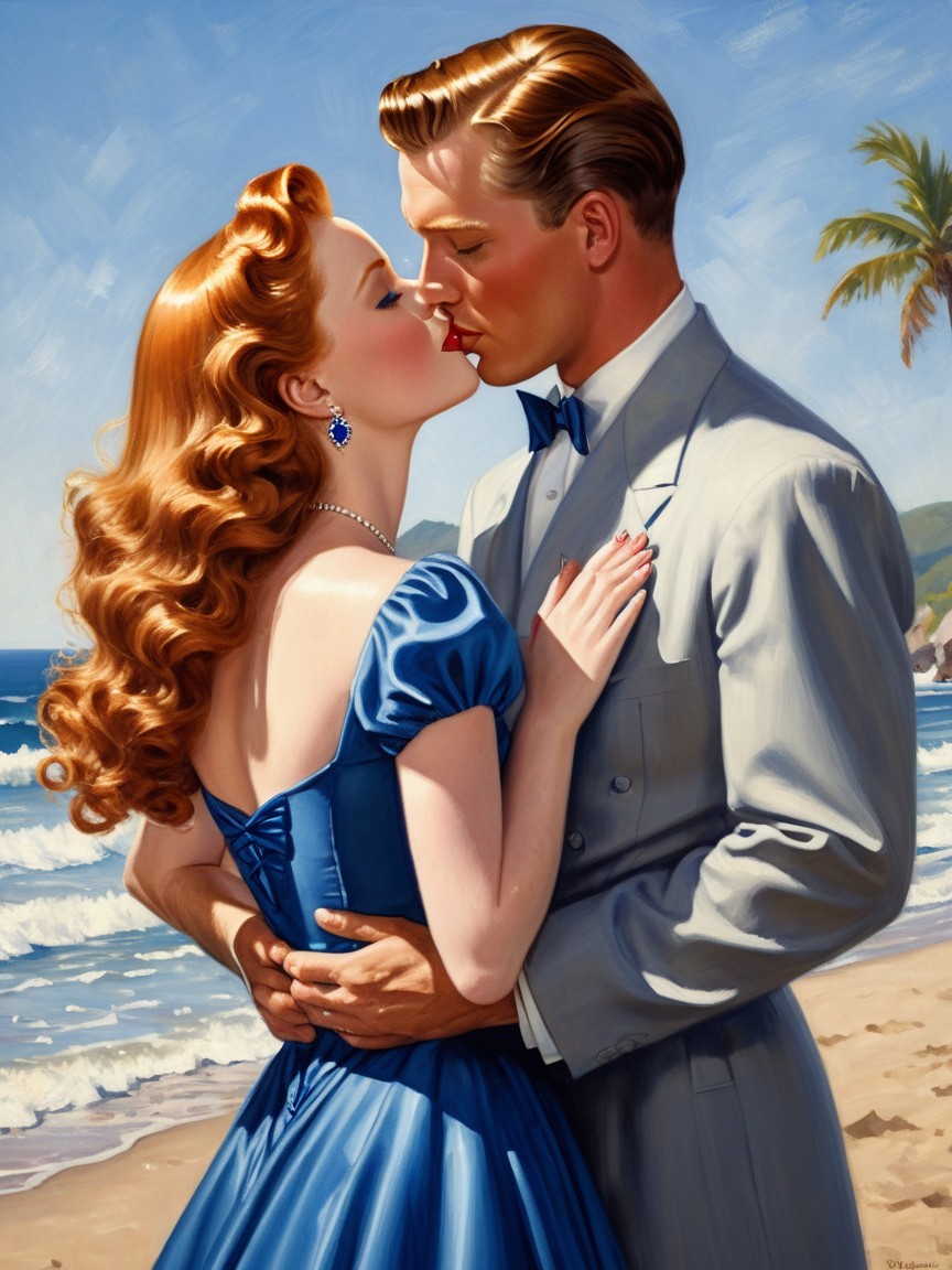 Romantic Beach Scene with Couple and Palm Trees