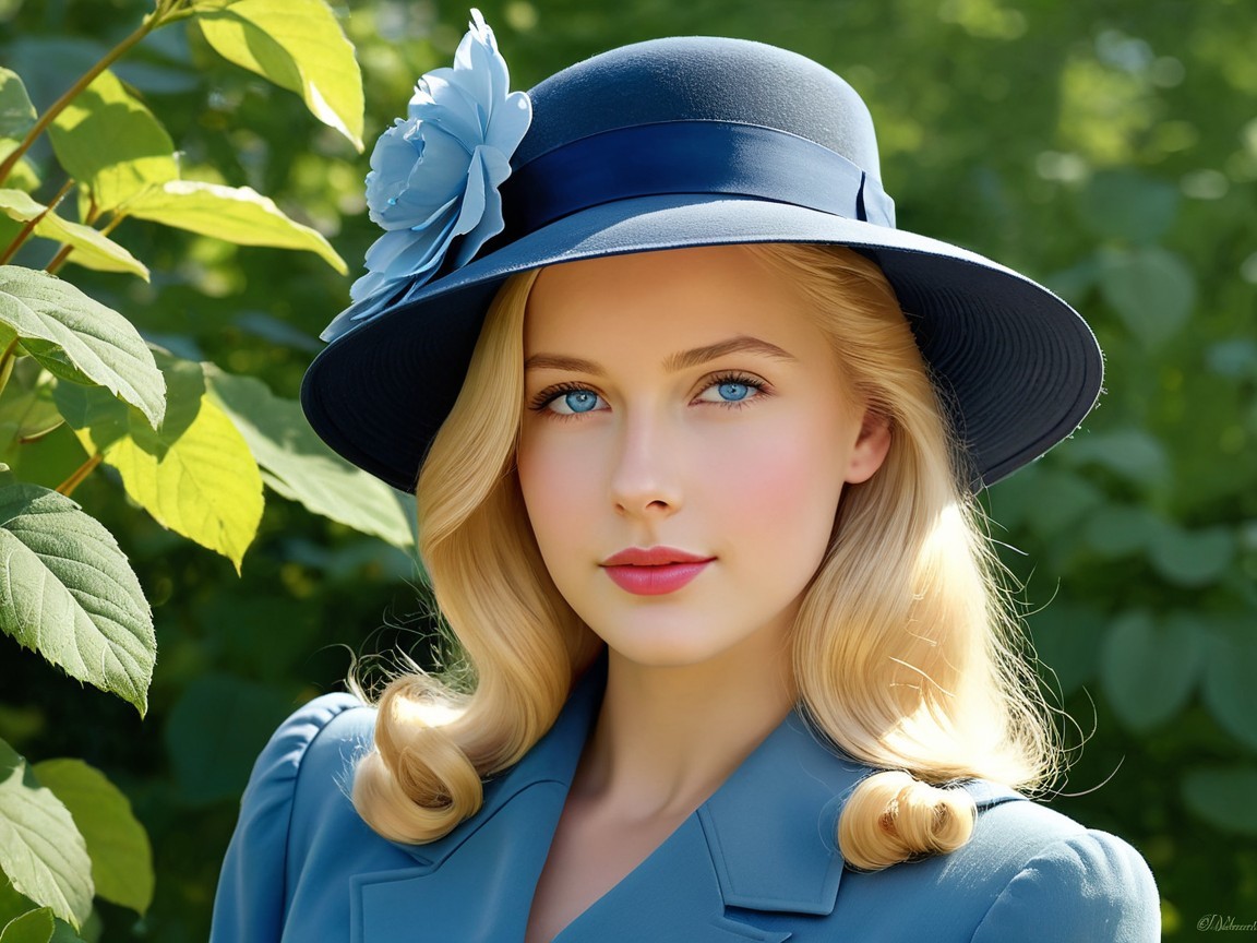 Young woman in blue outfit with floral hat outdoors