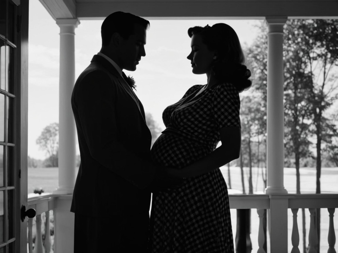 Silhouette of a couple in doorway with baby bump