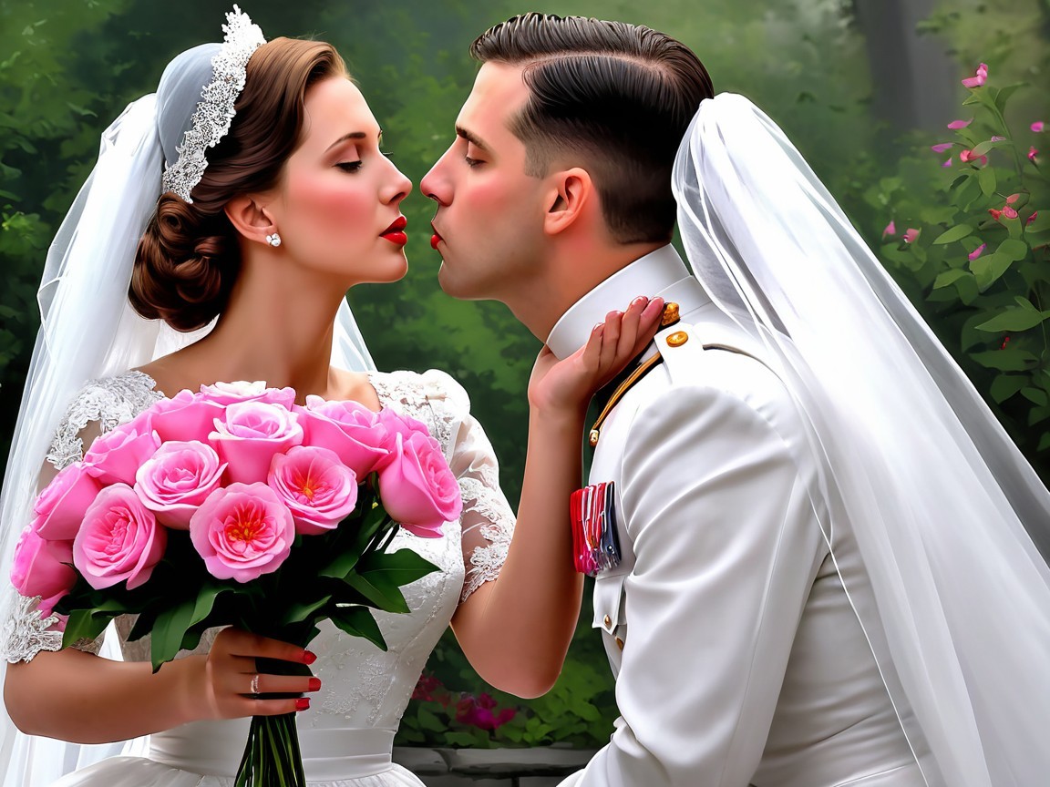 Bride and groom share a tender kiss in nature