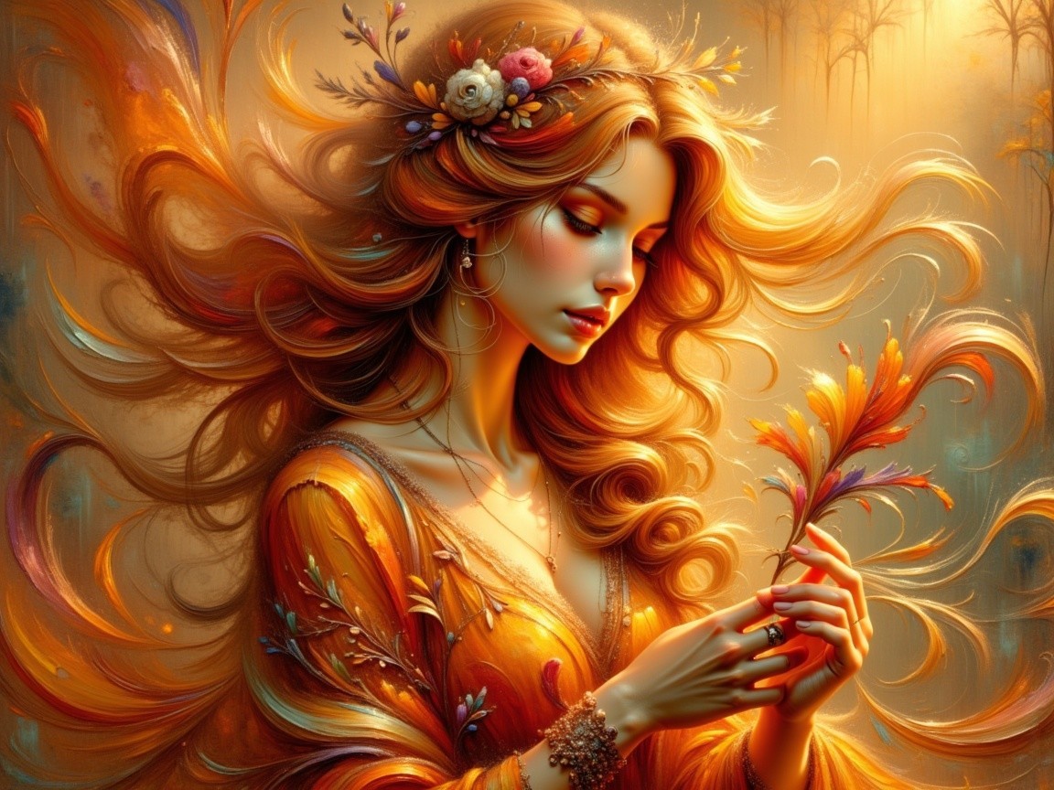Serene Woman with Floral Adornments and Leaf