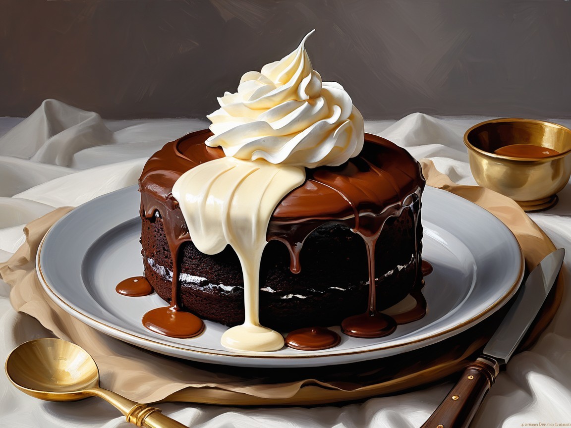 Decadent chocolate cake with vanilla and whipped cream