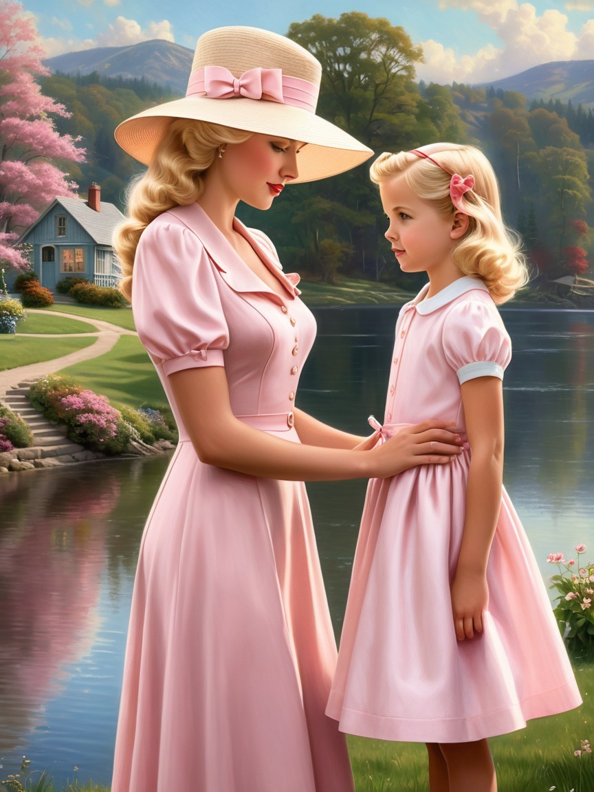 Mother and daughter by a serene lake in pink dresses