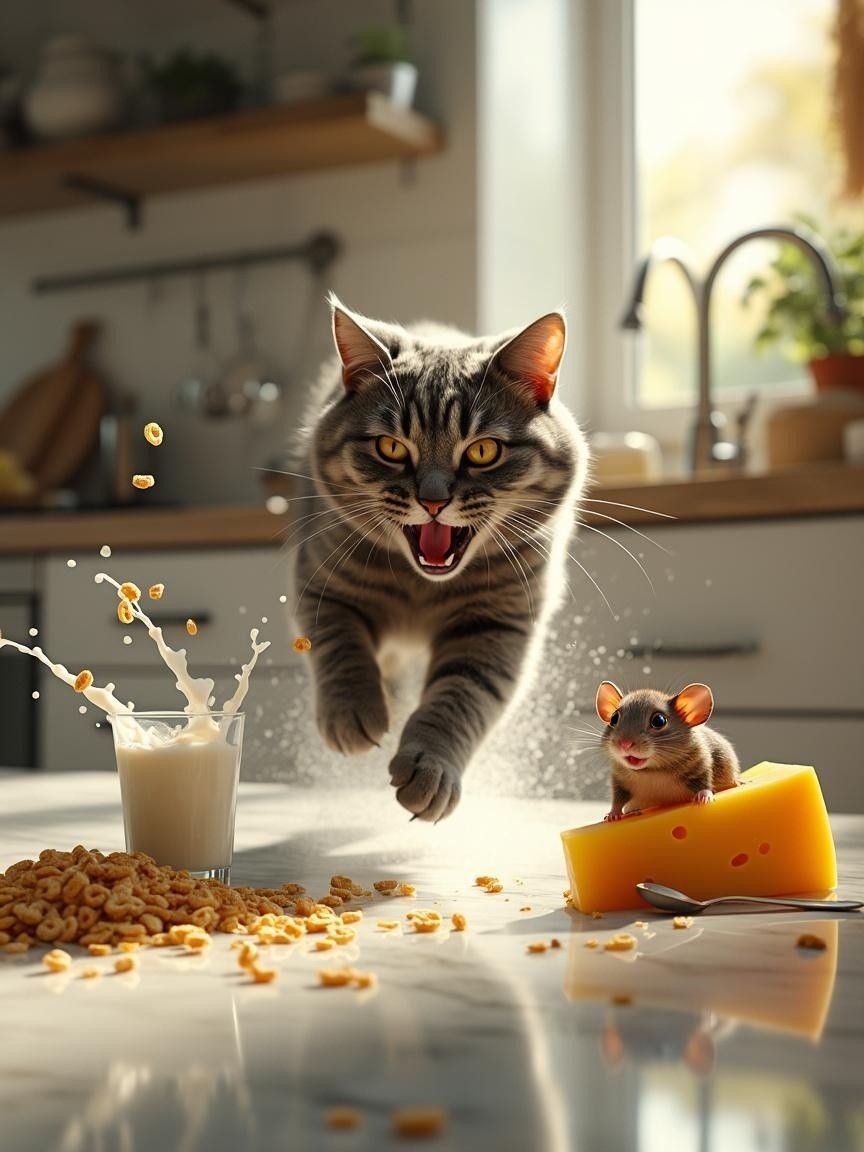 Playful Kitchen Scene with Cat and Mouse Interaction