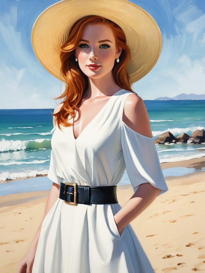 Woman in white dress on sunlit beach setting