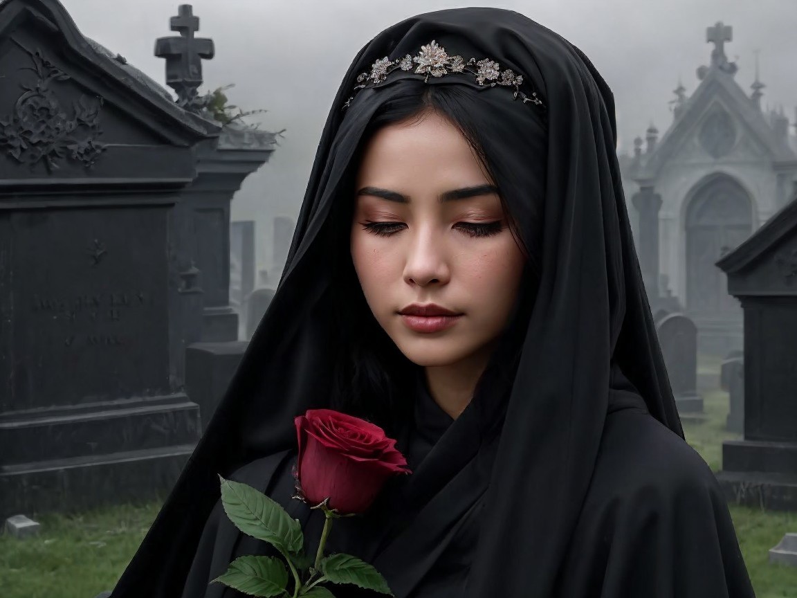 Solemn Figure in Cloak in Misty Graveyard Setting