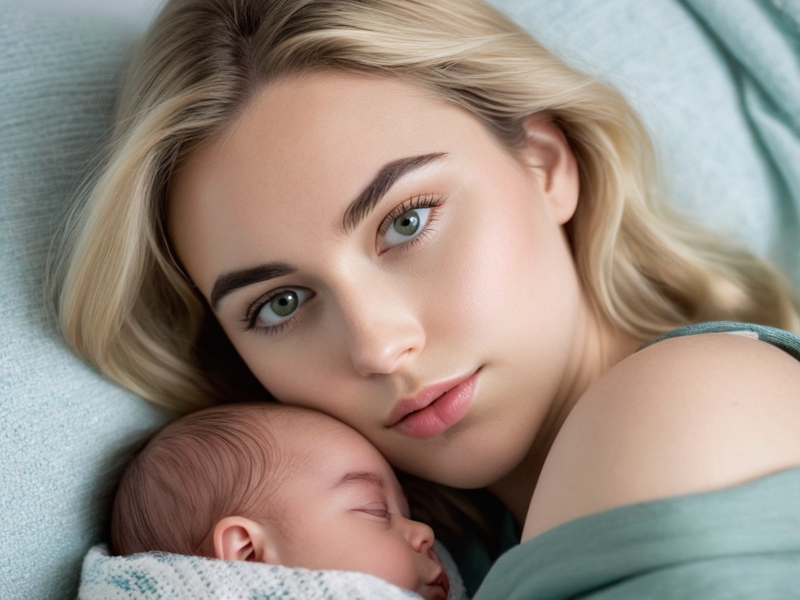 Young mother cradling sleeping baby in serene setting