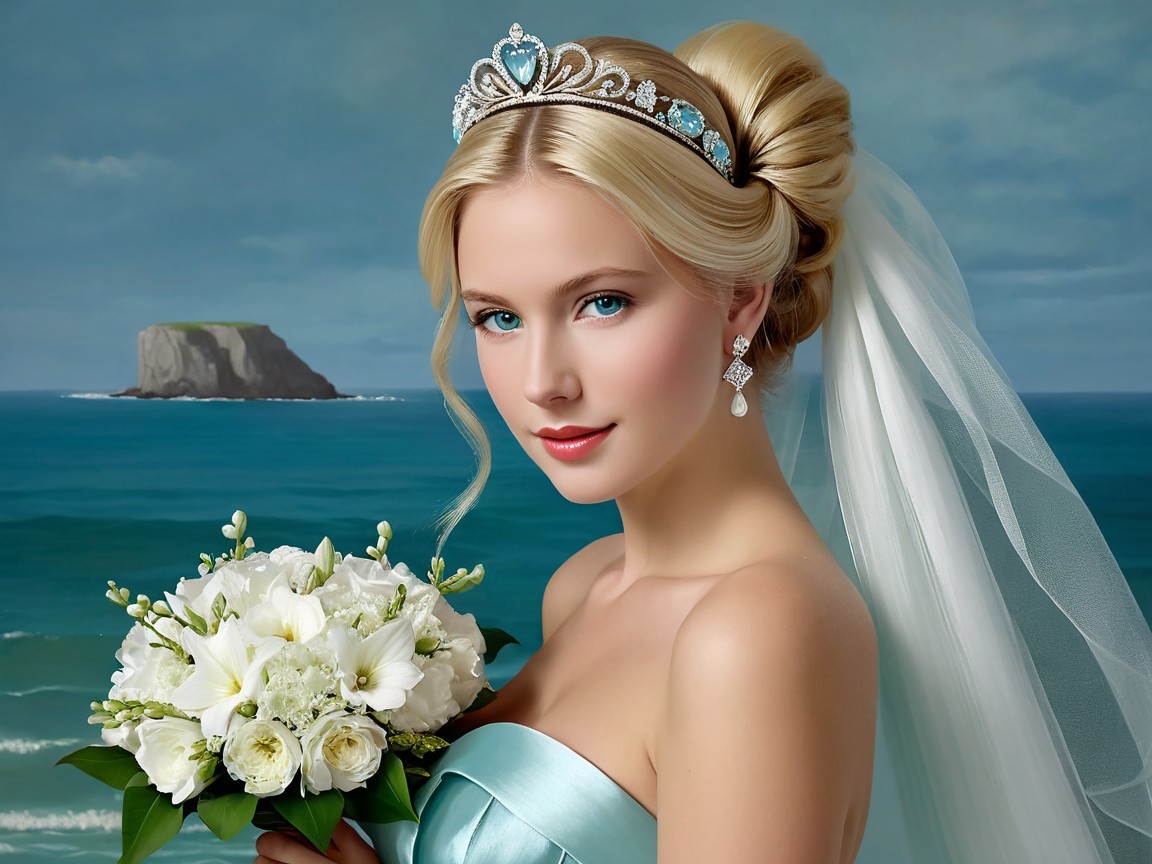 Elegant Bride in Light Blue Gown by Ocean Background