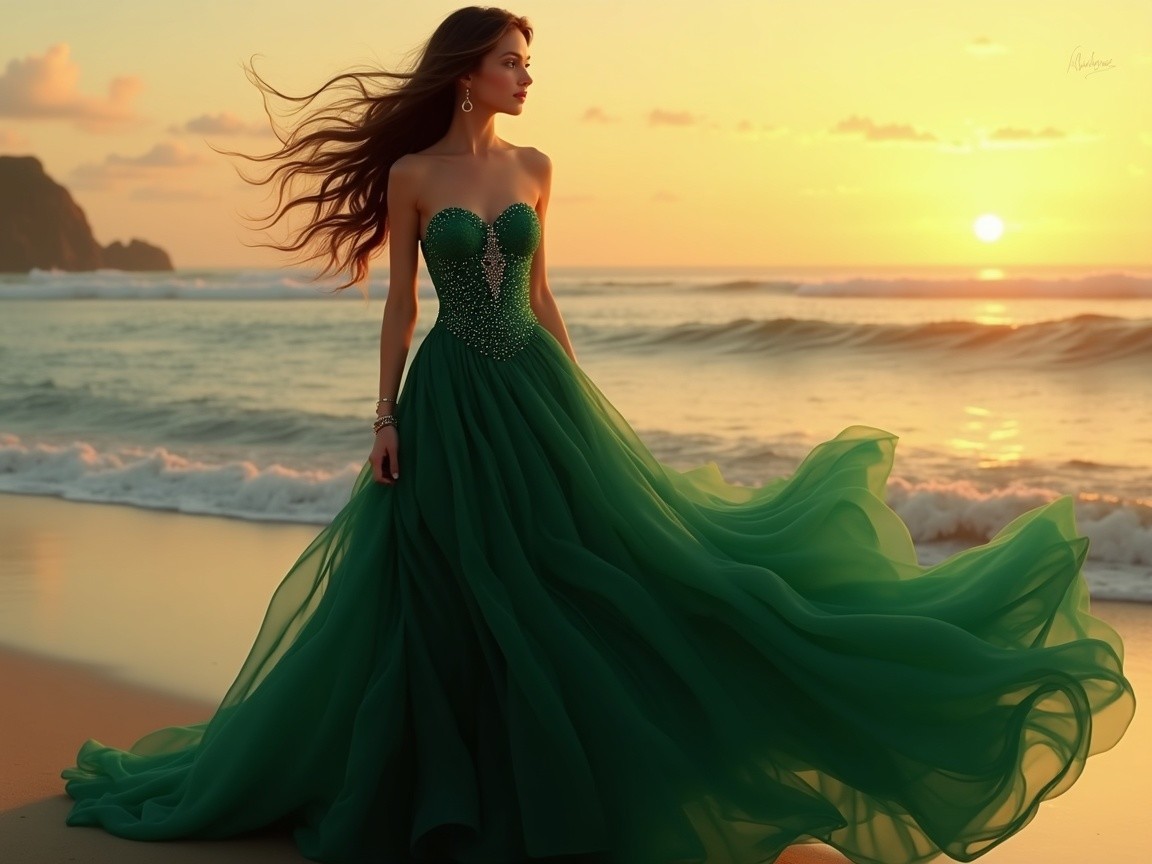 Woman in green gown on beach at sunset with waves
