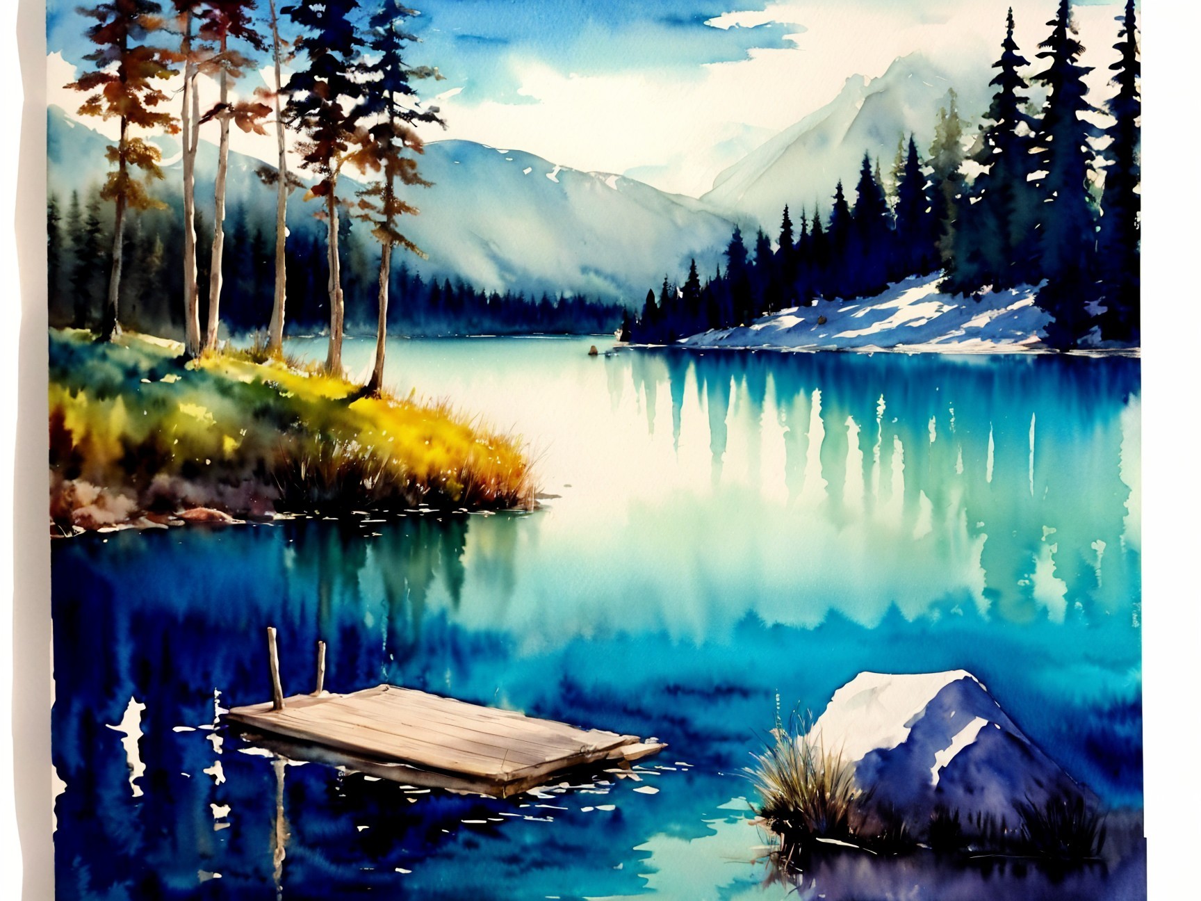 Serene Lakeside Scene with Pine Trees and Mountains