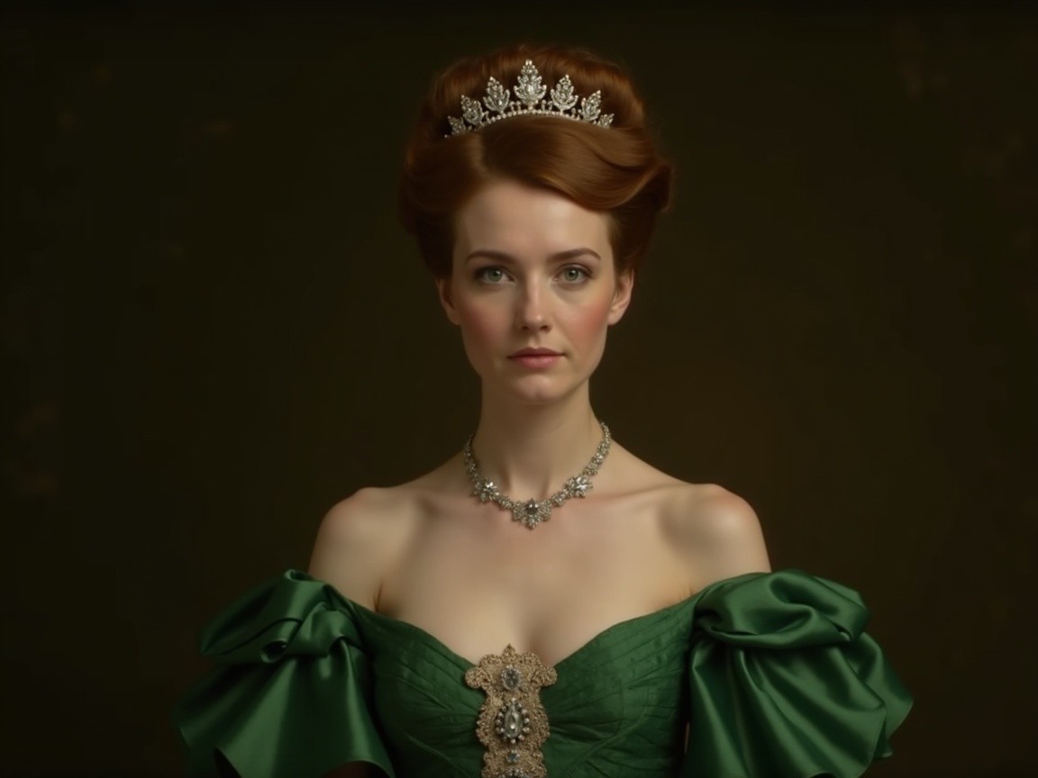Elegant Woman in Green Gown with Tiara and Necklace