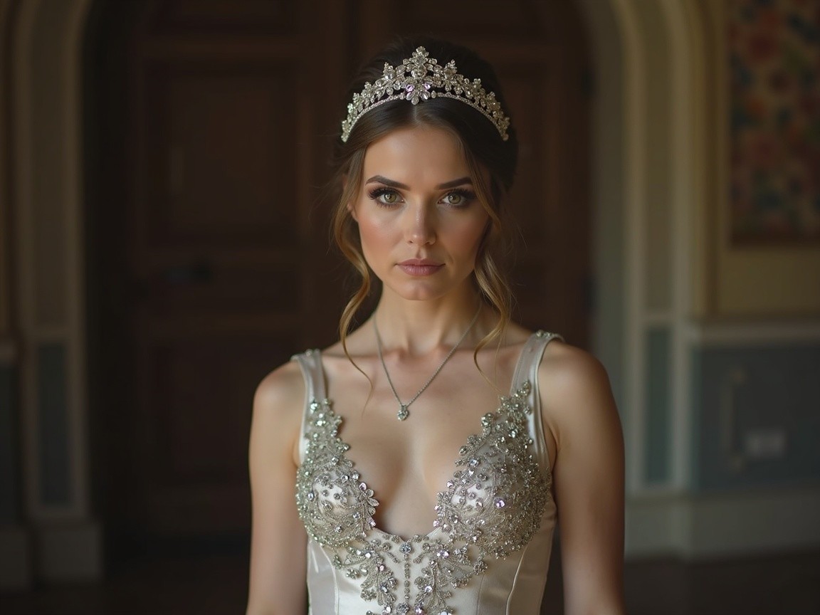 Elegant Woman in Beaded Gown with Tiara