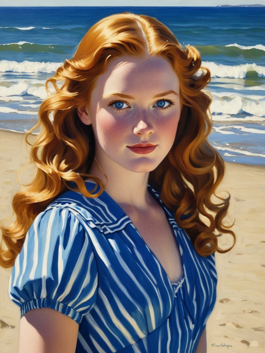 Young woman with red hair on a beach setting