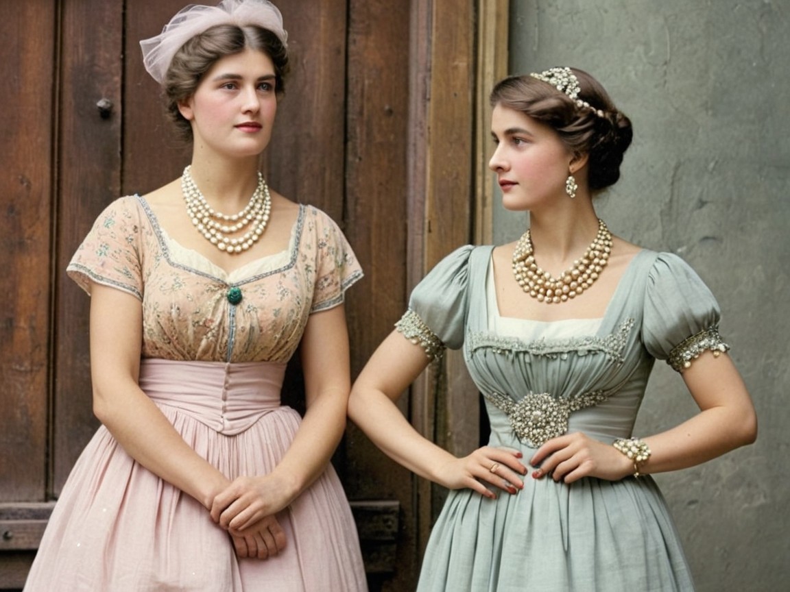 Elegantly Dressed Women in Rustic Setting