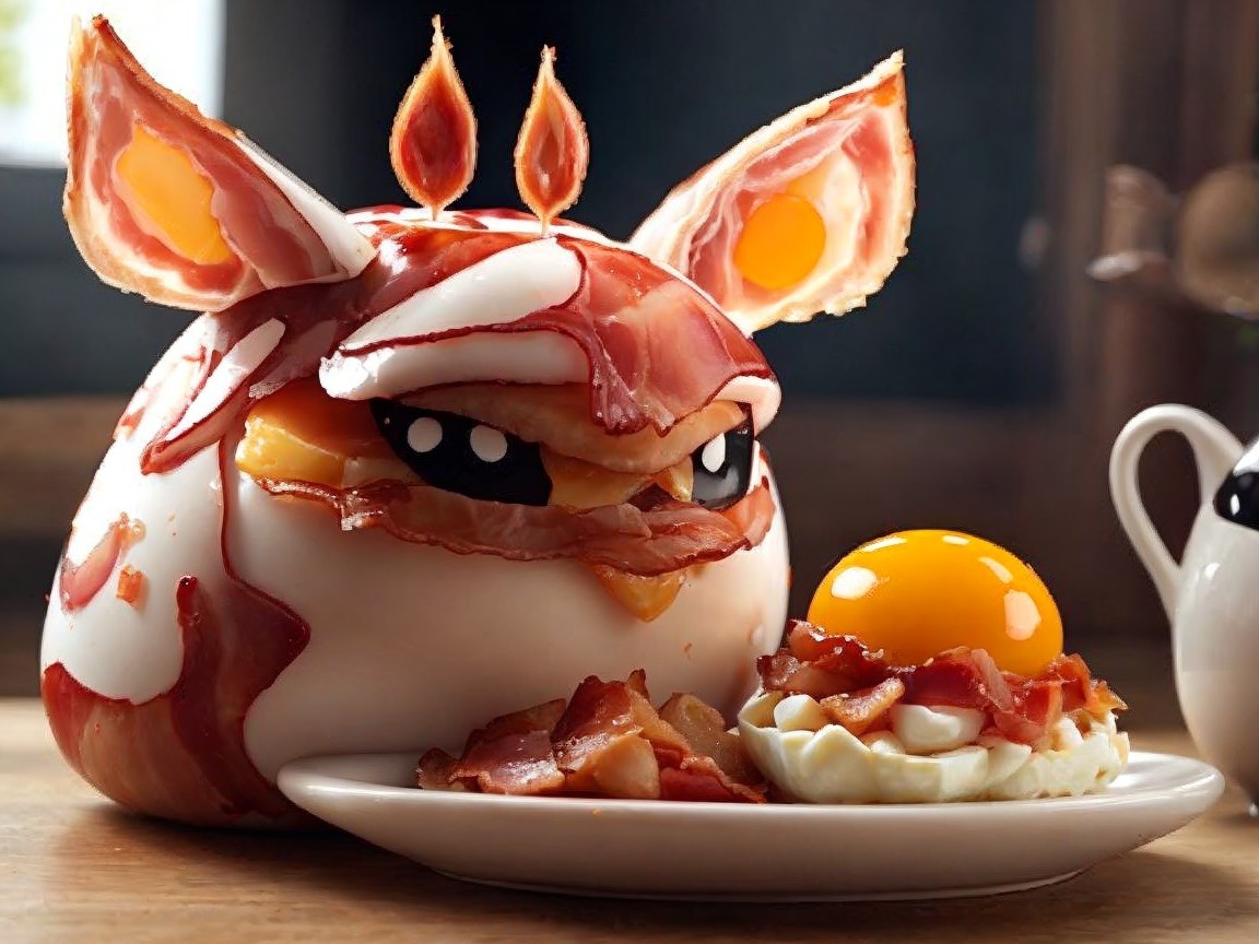 Whimsical Food-Themed Creature Made of Bacon and Eggs