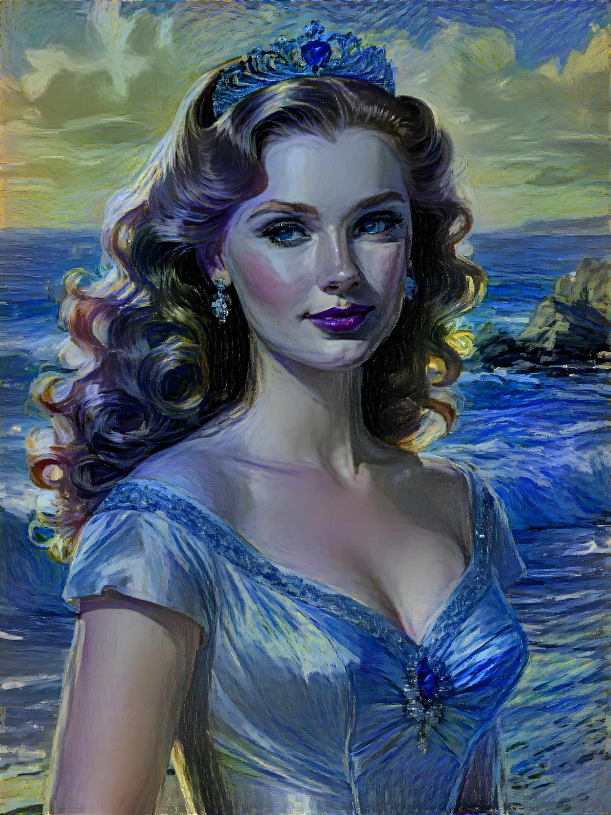 Graceful Woman in Elegant Gown by Serene Seascape