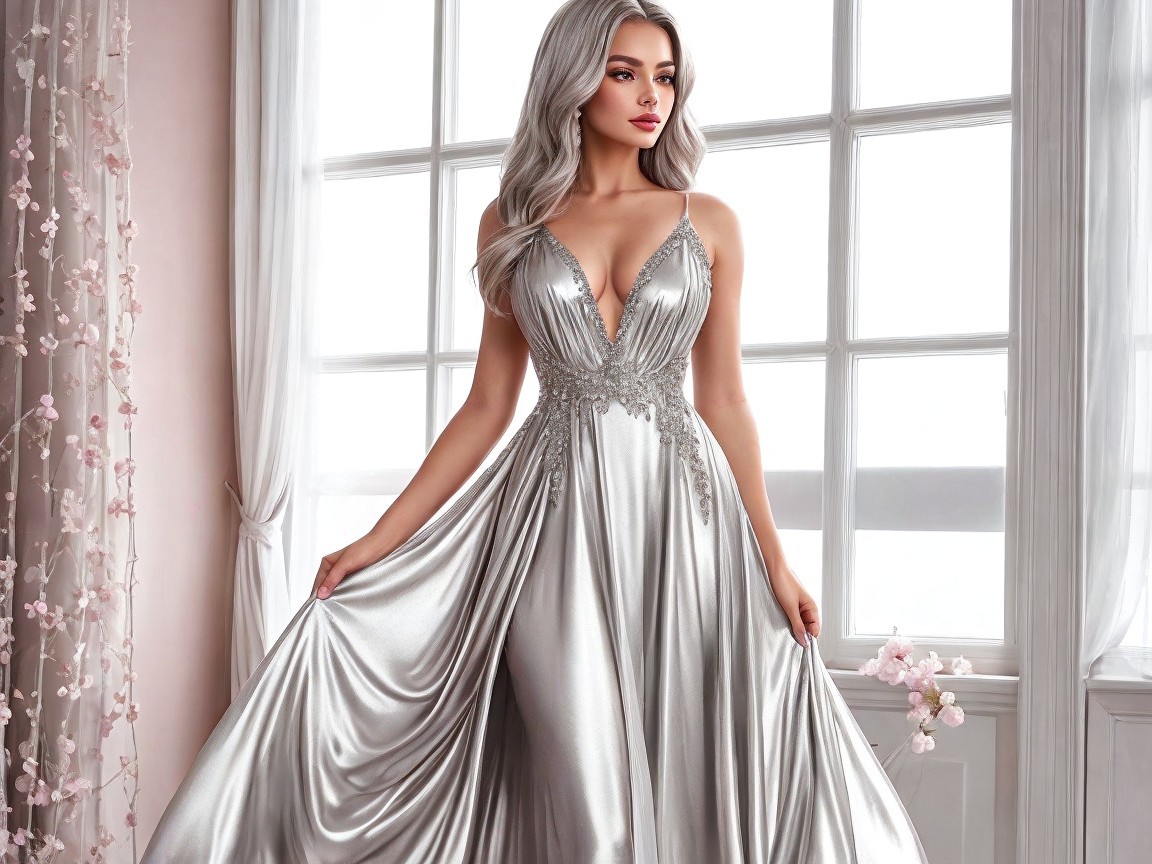 Elegant Woman in Silver Gown by Window with Blossoms