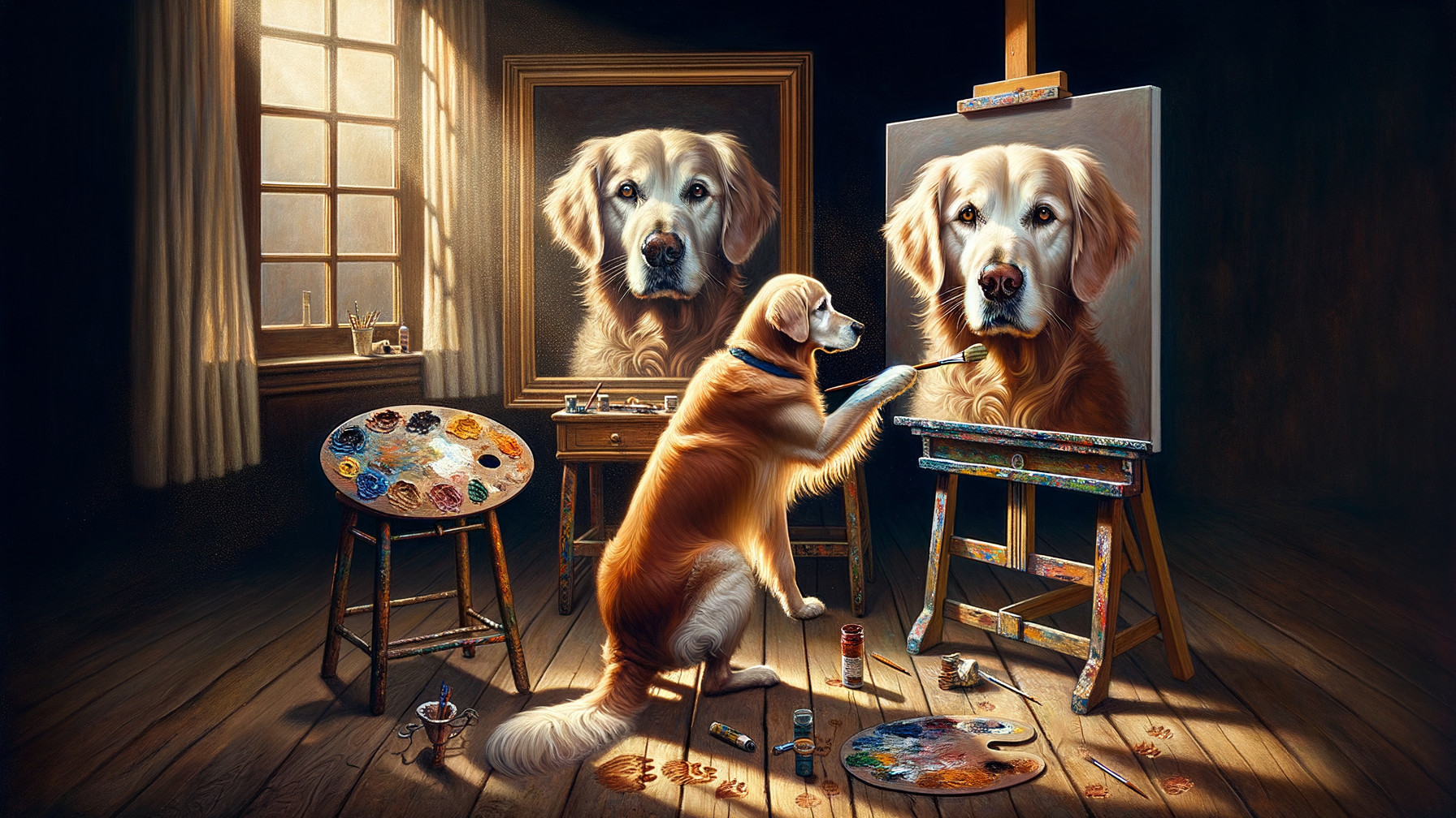 Golden Retriever Painting Its Own Portrait in Studio