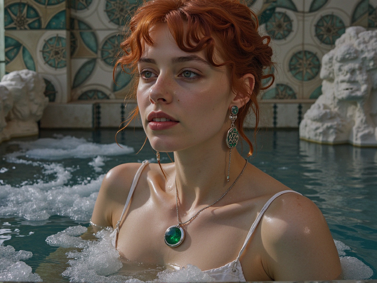 Young woman in turquoise pool with emerald jewelry