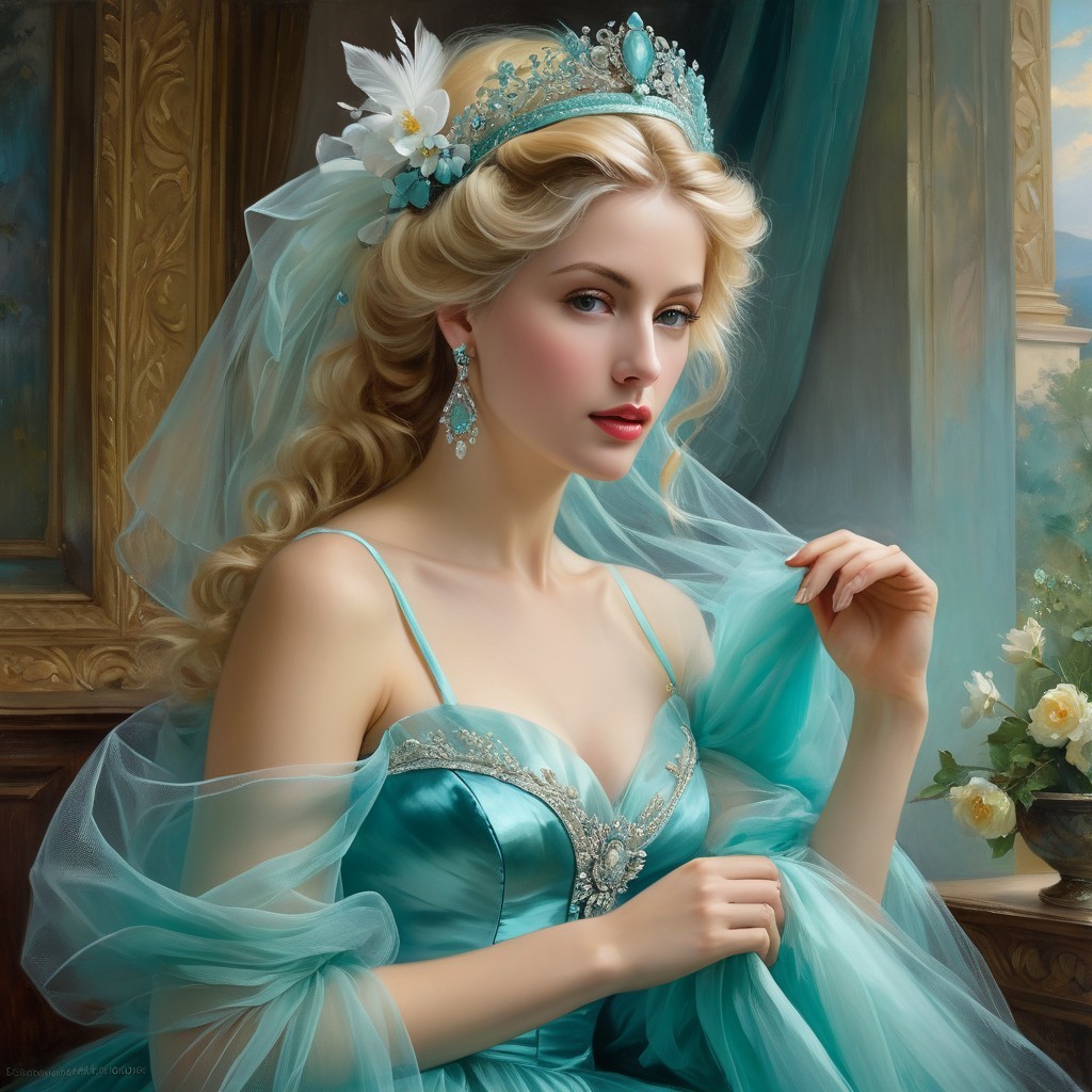 Elegant Woman in Turquoise Gown with Floral Backdrop