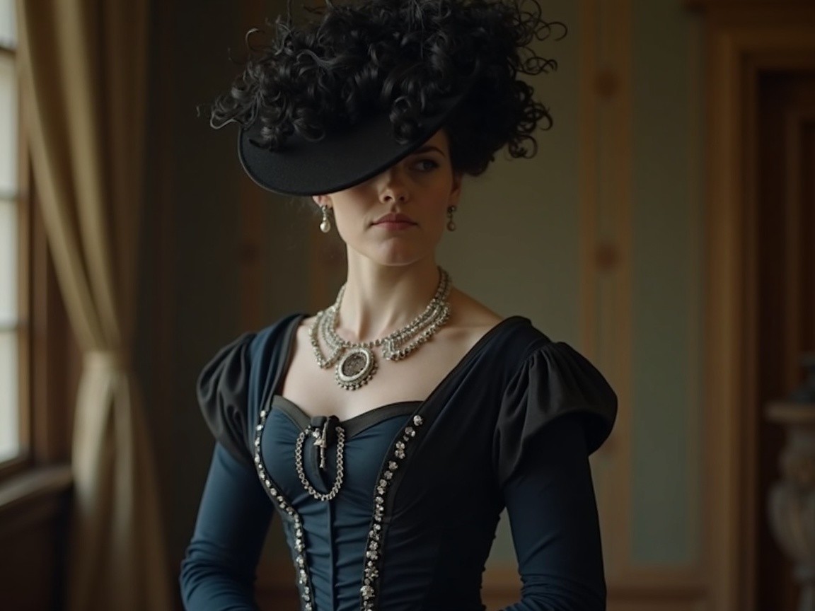 Elegant Woman in Black Gown with Dramatic Hat