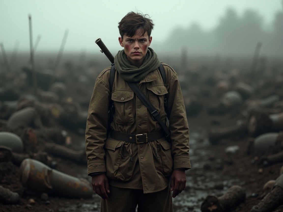 Young soldier in a war-torn landscape with fog