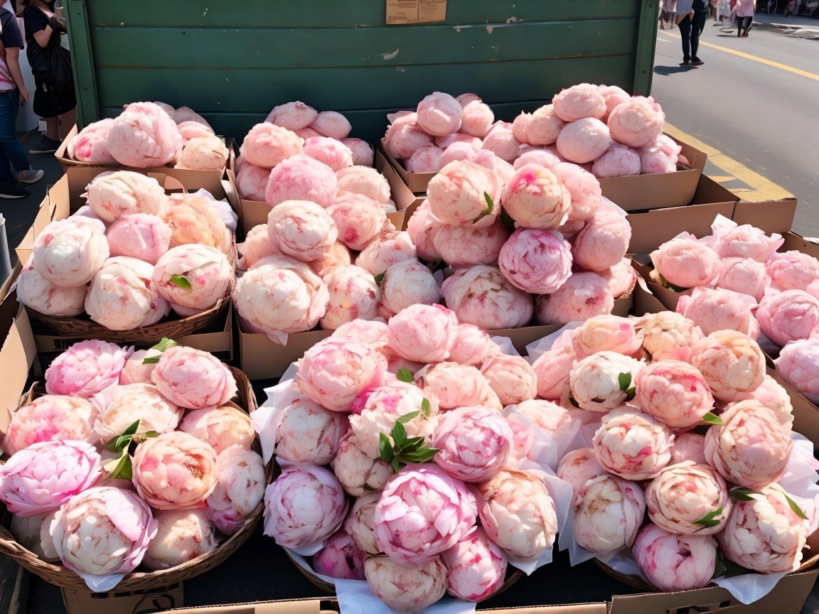 Vibrant Fresh Peonies in Baskets at Flower Market