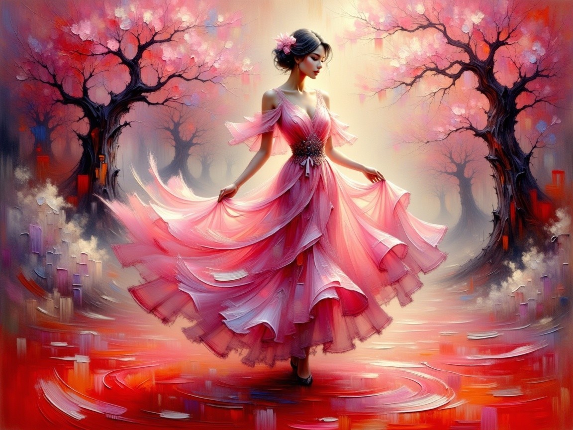 Woman in Pink Dress Among Cherry Blossom Trees